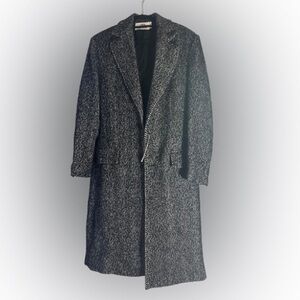 Zara Man Wool Coat Long Overcoat Jacket Black & White Herringbone - Medium NWOT